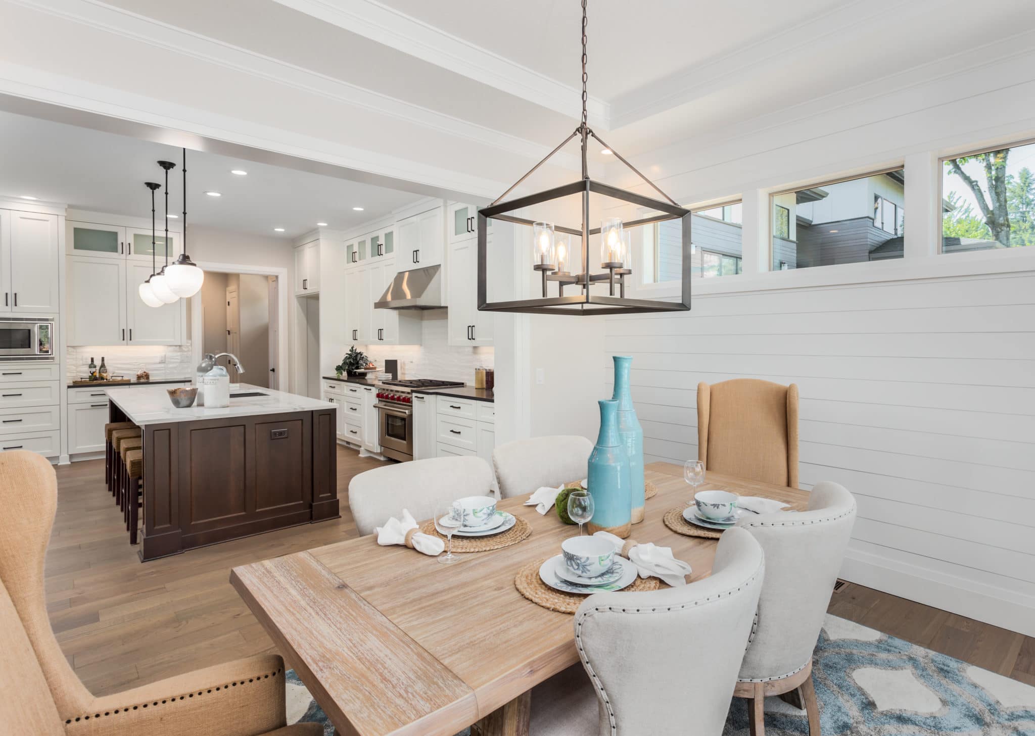 Dining Room and Kitchen Interior in New Luxury Home