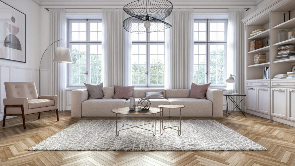 Interior design living room 3d render with gray colored furniture, rug, and wooden elements