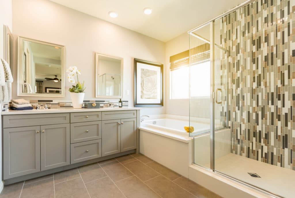 Updated master bathroom in a home for sale